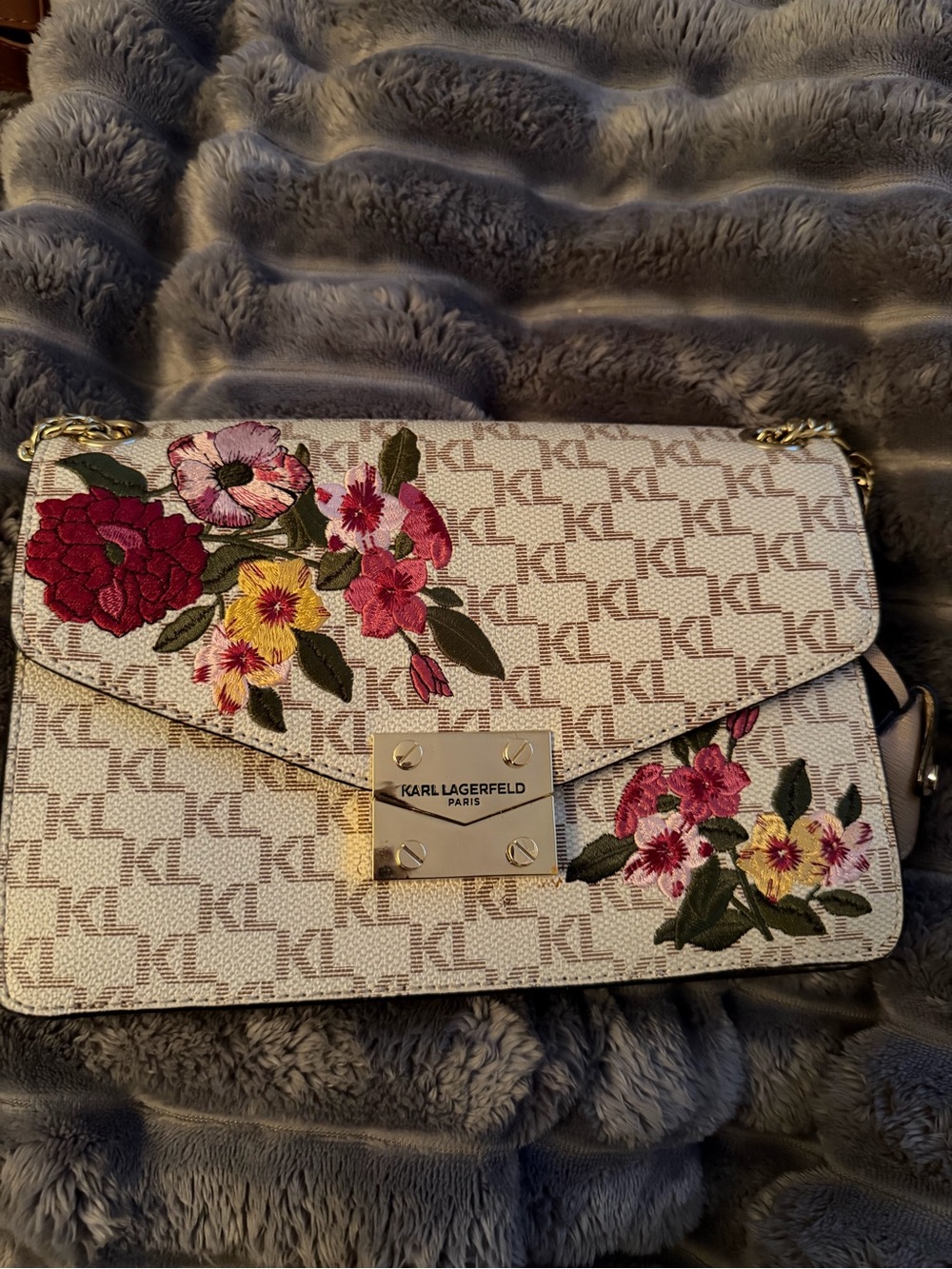 Karl Lagerfeld Beige Monogram Shoulder Bag with Pink & Yellow Floral Embroidery